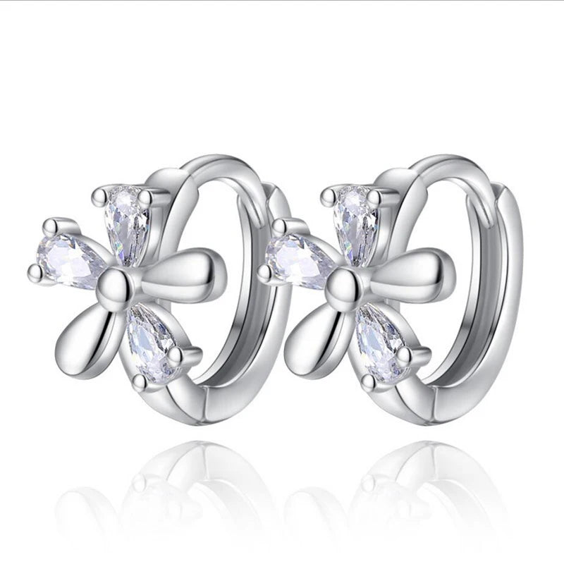 Clear Zircon Flower 925 Sterling Silver Small Round Huggies Hoop Earrings – Jewelry Aros