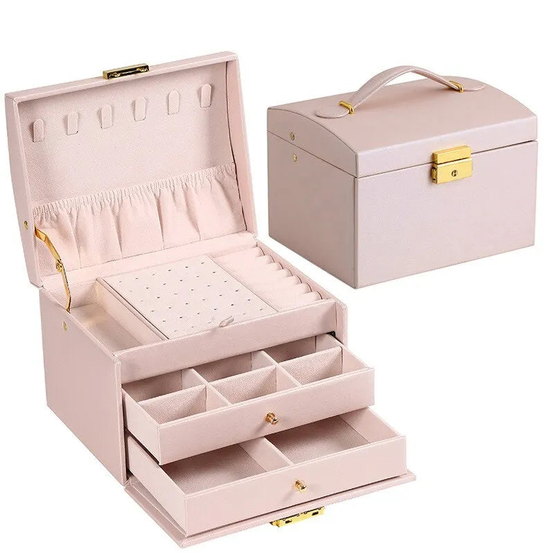 Coffret à bijoux de luxe à trois niveaux – Coffret de rangement en cuir avec serrure