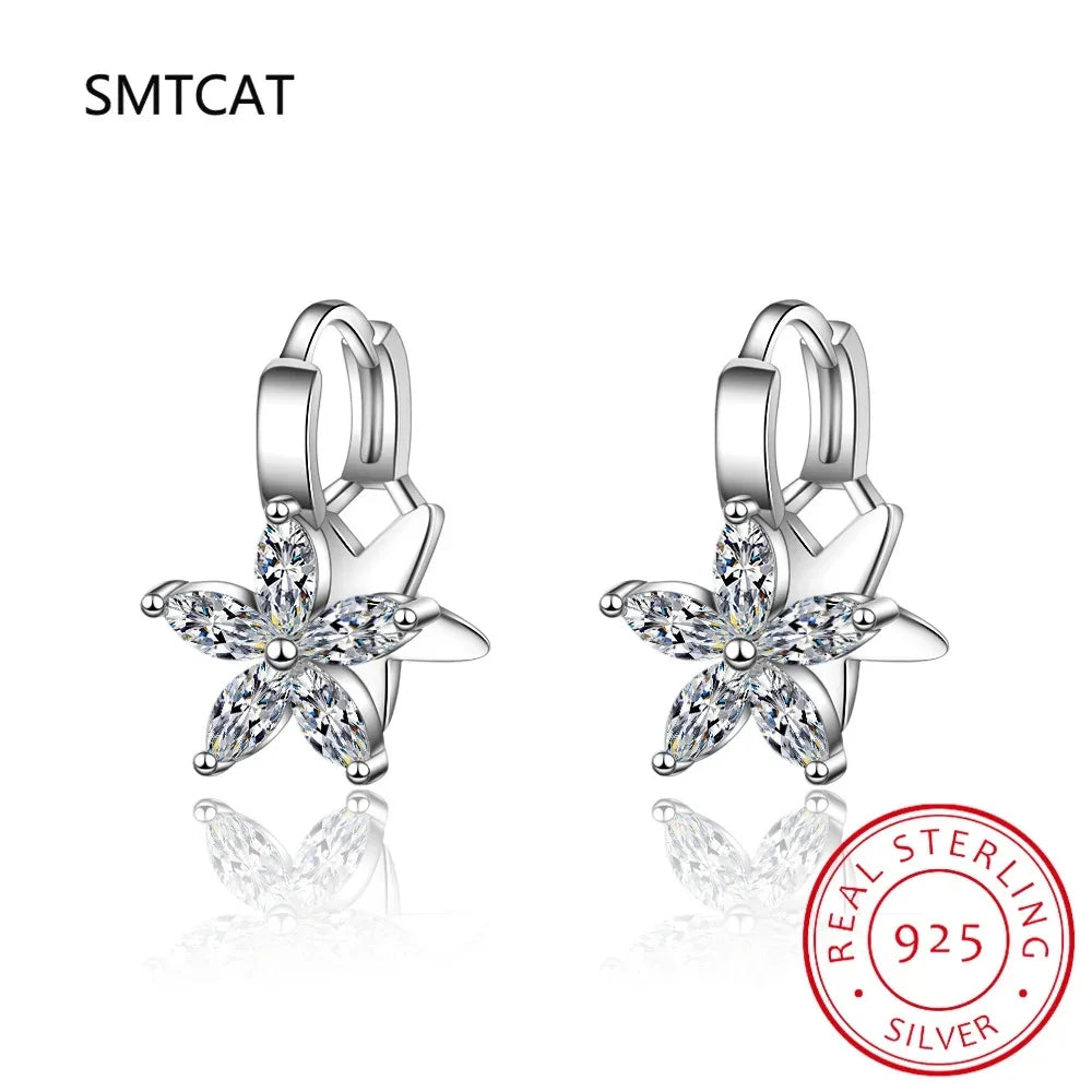 Clear Zircon Flower 925 Sterling Silver Small Round Huggies Hoop Earrings – Jewelry Aros