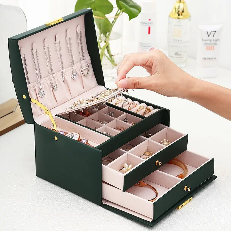 Coffret à bijoux de luxe à trois niveaux – Coffret de rangement en cuir avec serrure