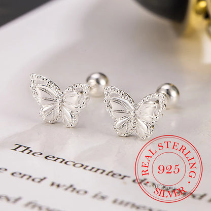 Real Silver Crystal Butterfly Screw Stud Earrings for Women Wedding Party Jewelry Gift 