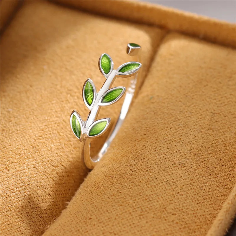 🌿 Original Creative Pure Silver Green Tree Branch Leaves Open Ring – Voor Vrouwen & Meisjes