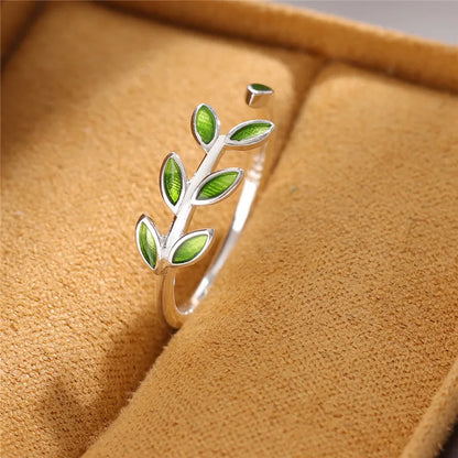 🌿 Original Creative Pure Silver Green Tree Branch Leaves Open Ring – For Women &amp; Girls