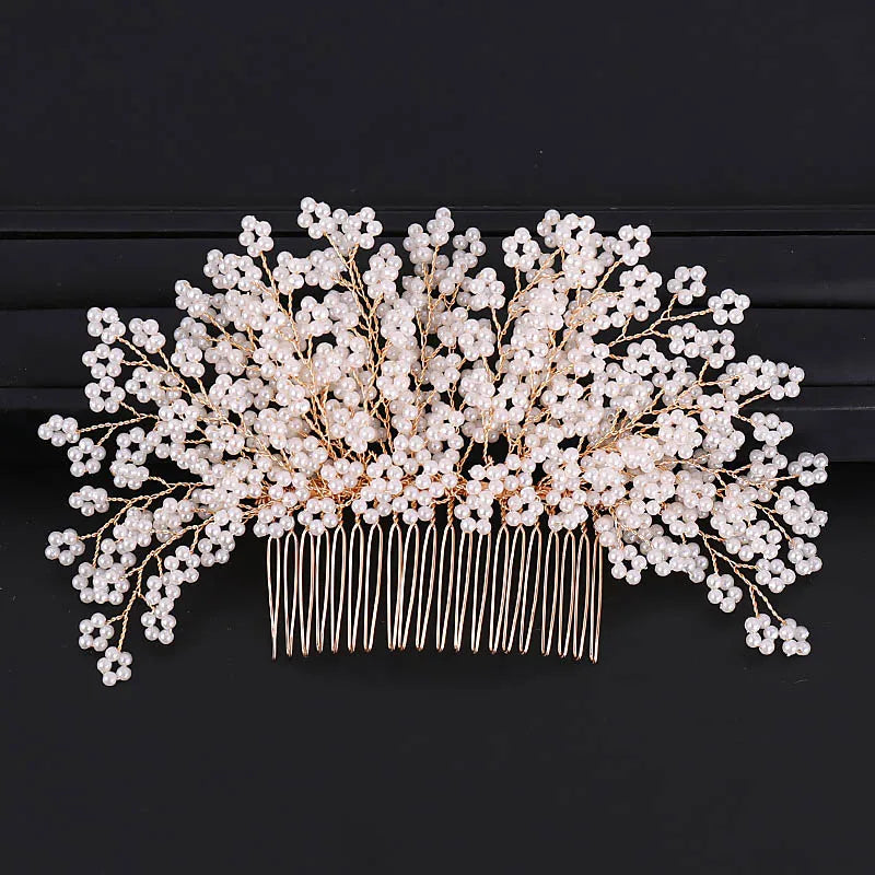 Pearl Flower Hair Comb – European Style Bridal Tiara – Elegant Gold Crown for Weddings and Parties