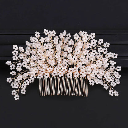 Pearl Flower Hair Comb – European Style Bridal Tiara – Elegant Gold Crown for Weddings and Parties