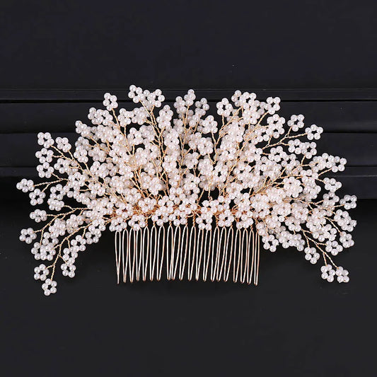 Peigne à cheveux en perles et fleurs – Diadème de mariée de style européen – Couronne dorée élégante pour mariages et fêtes