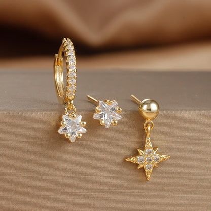 Set of 3 Gold-Colored Star Earrings – Stainless Steel Hoop Earrings with Zirconia