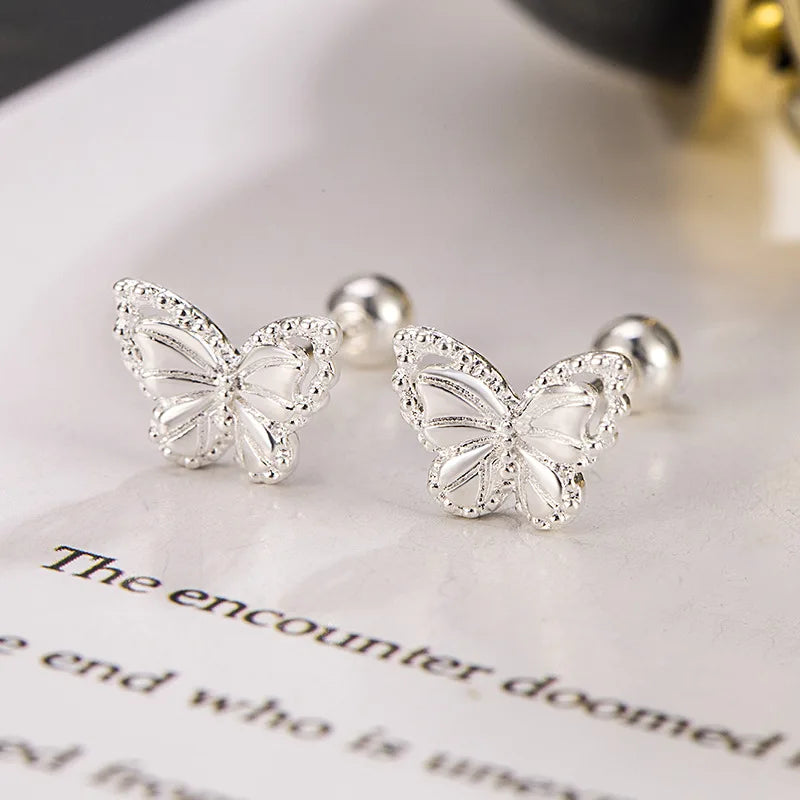 Boucles d'oreilles à vis papillon en argent véritable et cristal pour femme, bijoux de fête de mariage, cadeau 