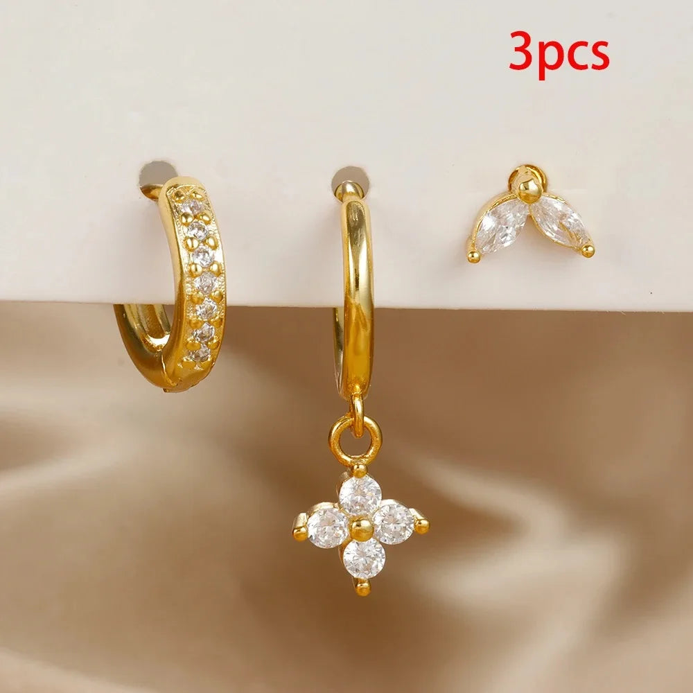 3PCS Roestvrij Stalen Zircon Bloem Hanger Oorringen Set voor Vrouwen – Eenvoudige Kleine Gouden Kleur Cartilage Piercing Sieraden Aretes