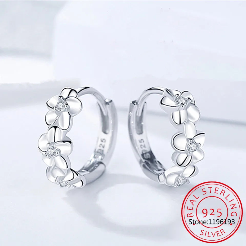 Clear Zircon Flower 925 Sterling Silver Small Round Huggies Hoop Earrings – Jewelry Aros