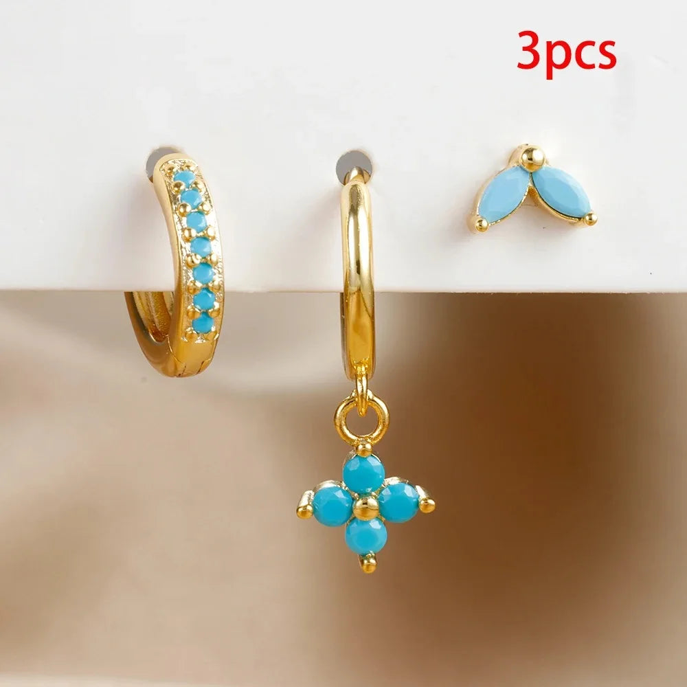 3PCS Roestvrij Stalen Zircon Bloem Hanger Oorringen Set voor Vrouwen – Eenvoudige Kleine Gouden Kleur Cartilage Piercing Sieraden Aretes