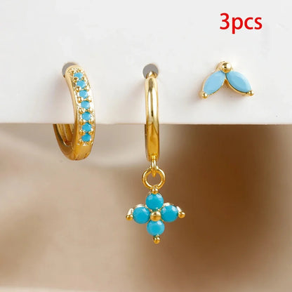 3PCS Stainless Steel Zircon Flower Pendant Earrings Set for Women – Simple Small Gold Color Cartilage Piercing Jewelry Aretes