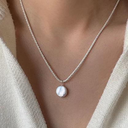 Silver Round Pearl Necklace – Simple Style, Charming Pendant Choker, Birthday Gift for Women, Fine Jewelry