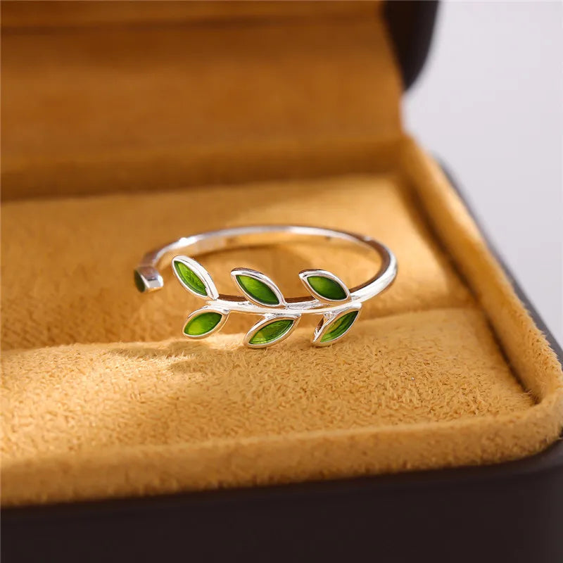 Bague ouverte originale en argent pur avec branches d'arbre vertes et feuilles - Pour femmes et filles