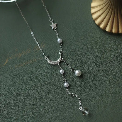 Silver Star Moon Necklace Pearl Tassel Necklace Sparkling Zircon Pendant Wedding Jewelry Accessories