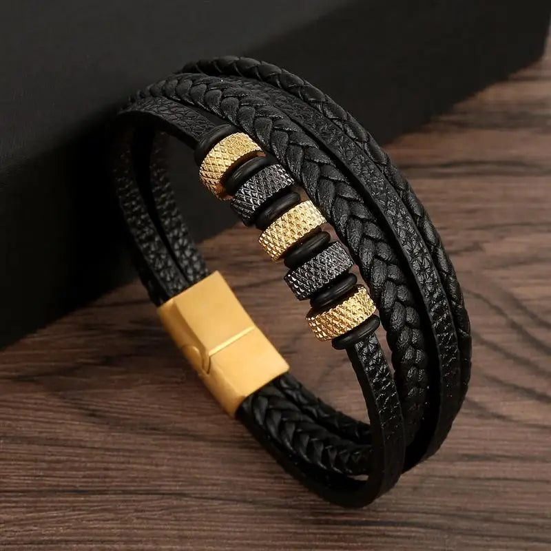 Bracelet en cuir classique pour homme – Design multicouche tissé à la main