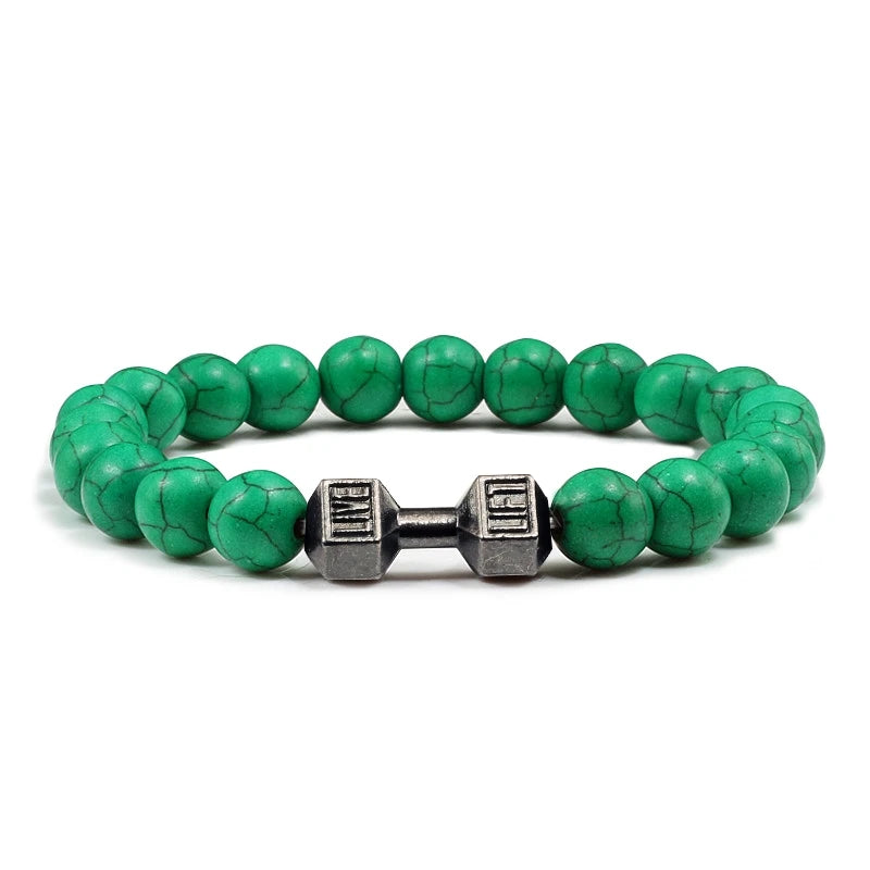 Natuurlijke Vulkanische Steen Armband – Zwart & Wit Kralen met Dumbbell Bedel (Unisex)