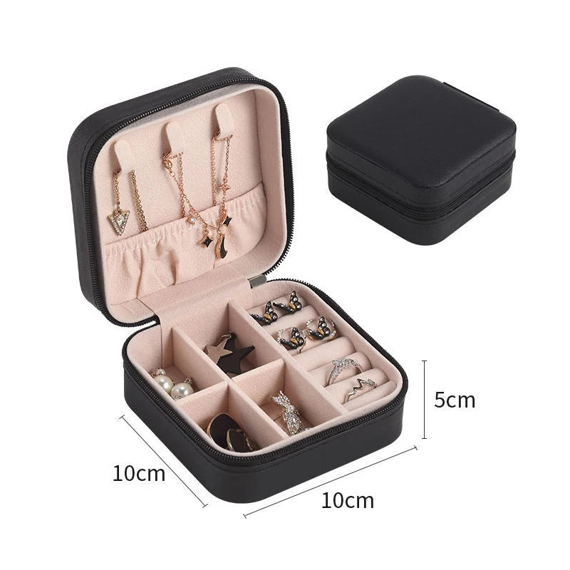 Portable Leather Jewelry Box - Compact Travel Case with Zipper and Snap