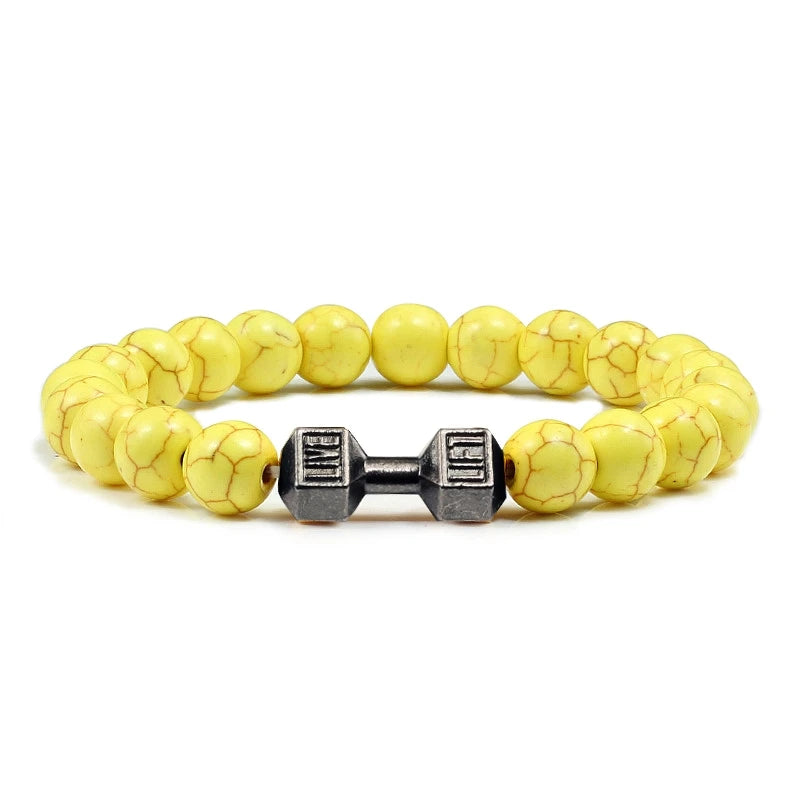 Natuurlijke Vulkanische Steen Armband – Zwart & Wit Kralen met Dumbbell Bedel (Unisex)