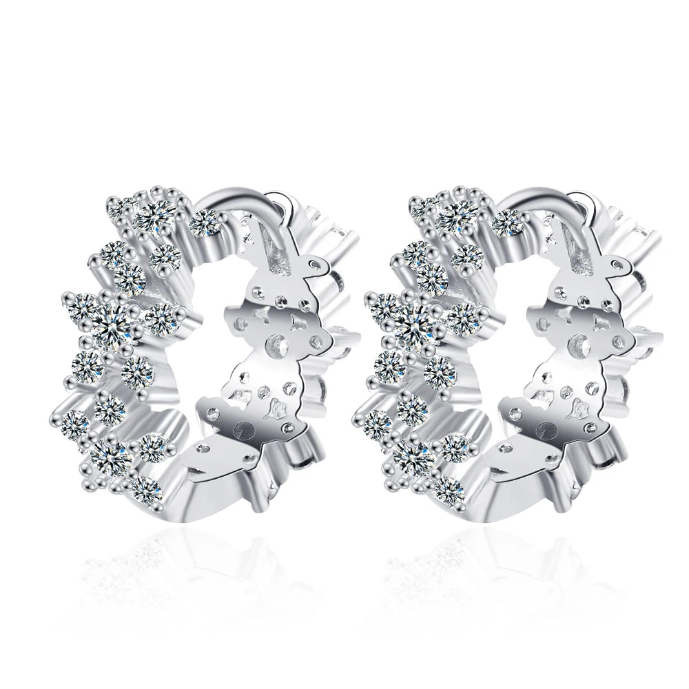 Clear Zircon Flower 925 Sterling Silver Small Round Huggies Hoop Earrings – Jewelry Aros