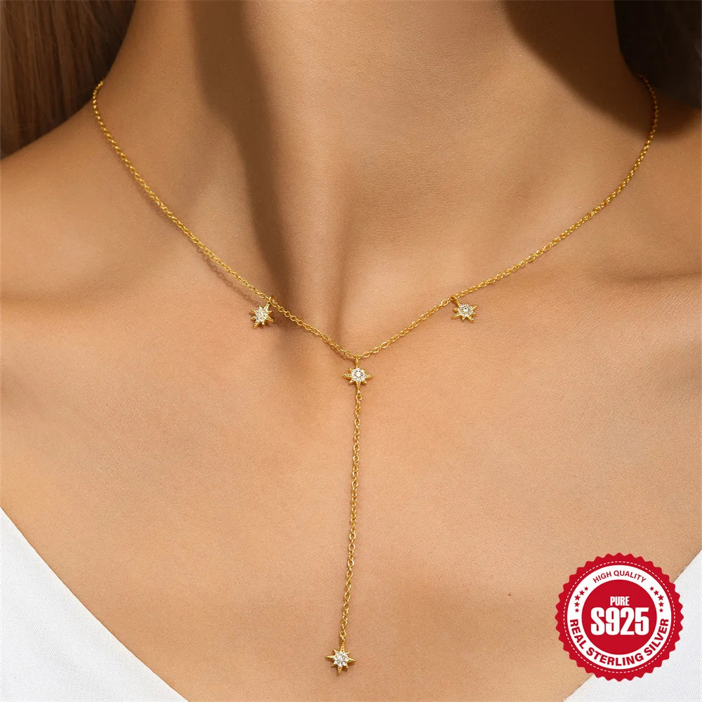 Zilveren Dubbele Laag Clavicle Ketting – Octagon Ster Zirkonia Minimalistisch Fijn Sieraad