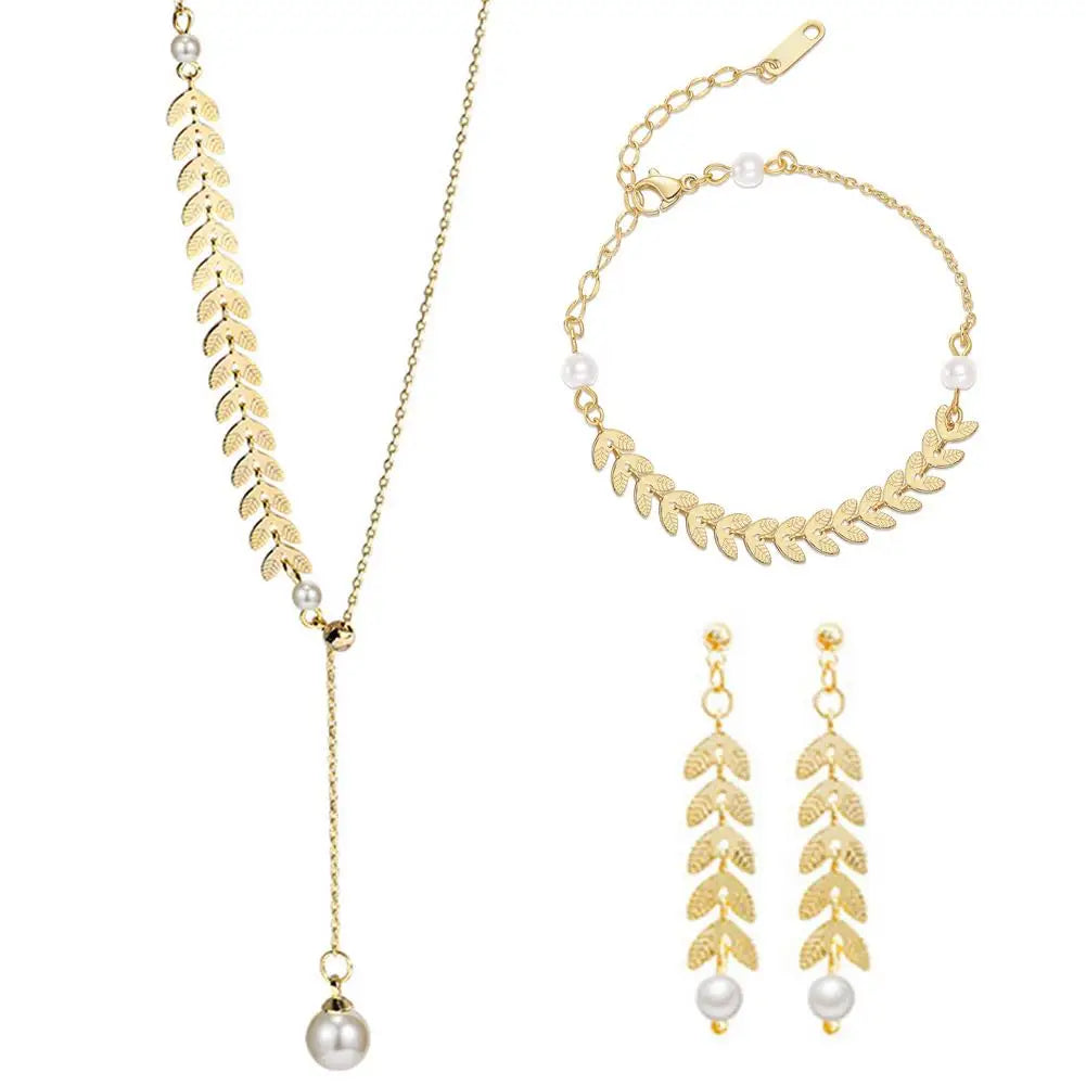 Retro Wheat Leaf Jewelry Set – Necklace, Bracelet and Earrings