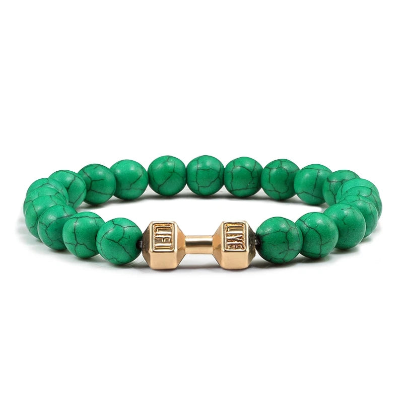 Natuurlijke Vulkanische Steen Armband – Zwart & Wit Kralen met Dumbbell Bedel (Unisex)