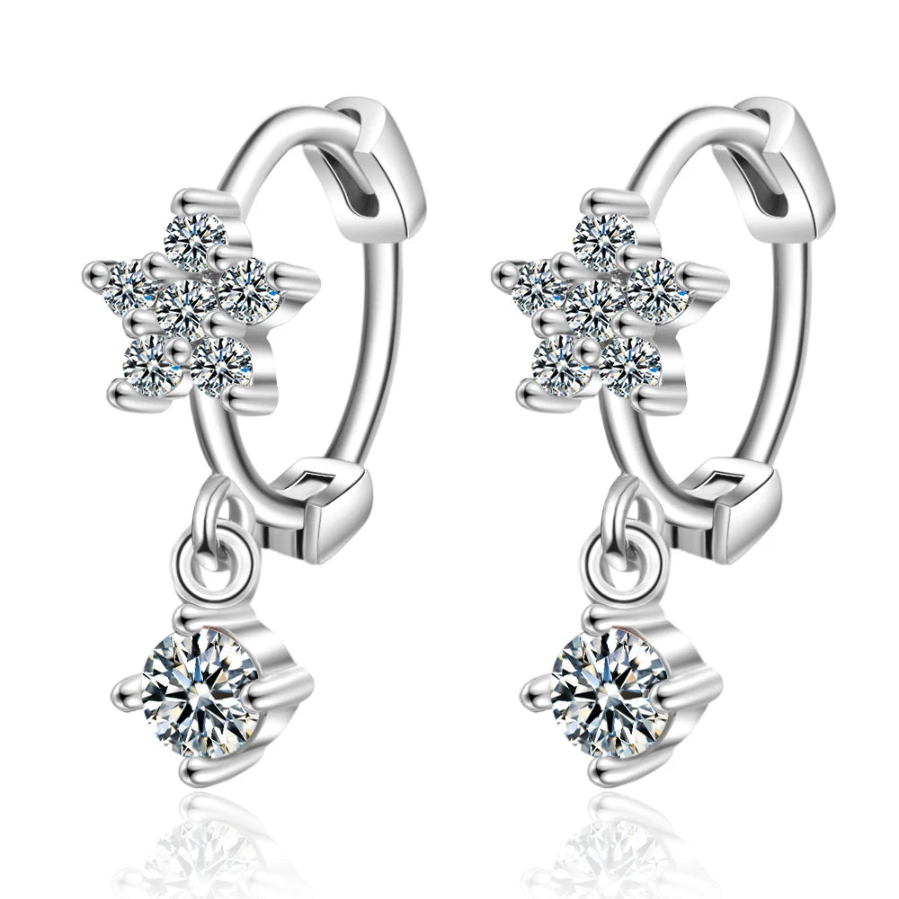 Clear Zircon Flower 925 Sterling Silver Small Round Huggies Hoop Earrings – Jewelry Aros