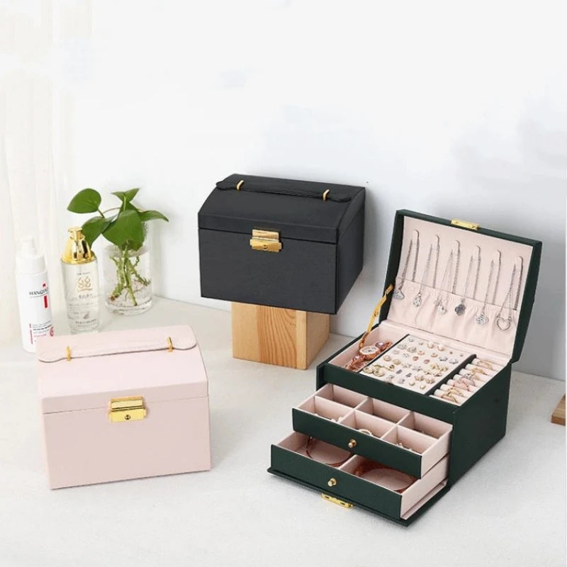 Coffret à bijoux de luxe à trois niveaux – Coffret de rangement en cuir avec serrure