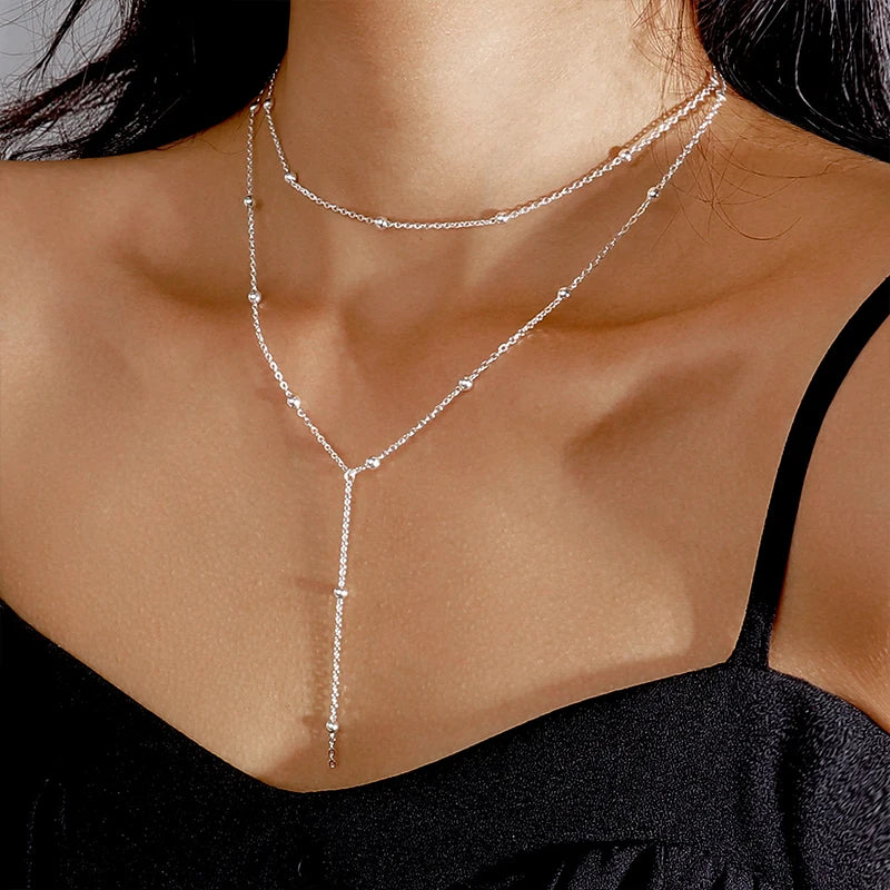 New Trendy Silver Double Layer Bead Necklace with Long Pendant and Tassel for Women - Fine Jewelry Accessories Gift