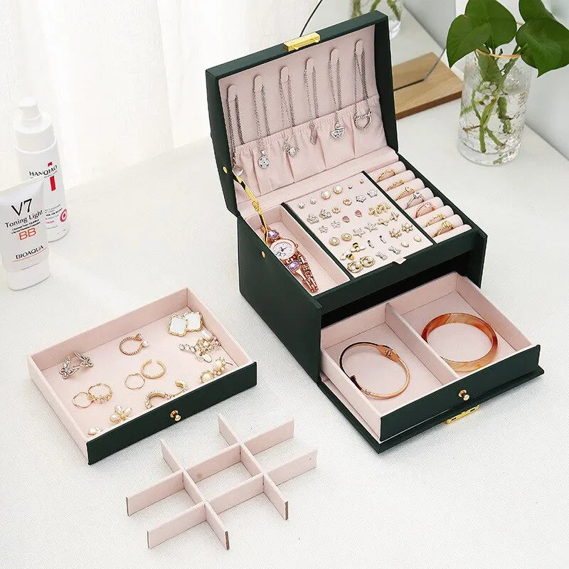 Coffret à bijoux de luxe à trois niveaux – Coffret de rangement en cuir avec serrure