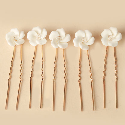 Eenvoudige U-vormige Haarpinnen – Bruids Hoofddeksel met Witte Porseleinen Bloemen – Elegante Haaraccessoires voor Bruiloften