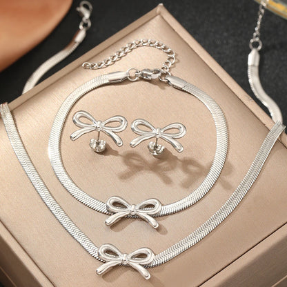 Jewelry Set – Blade Chain Bow Design Bracelet, Necklace and Earrings