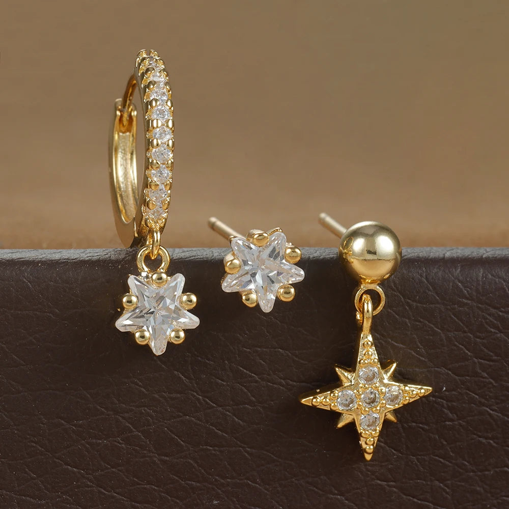 Set of 3 Gold-Colored Star Earrings – Stainless Steel Hoop Earrings with Zirconia